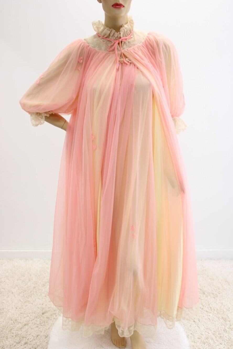 VTG ASHA Nightgown Robe Set Small Pink Yellow Layers of Nylon Chiffon Angelcore